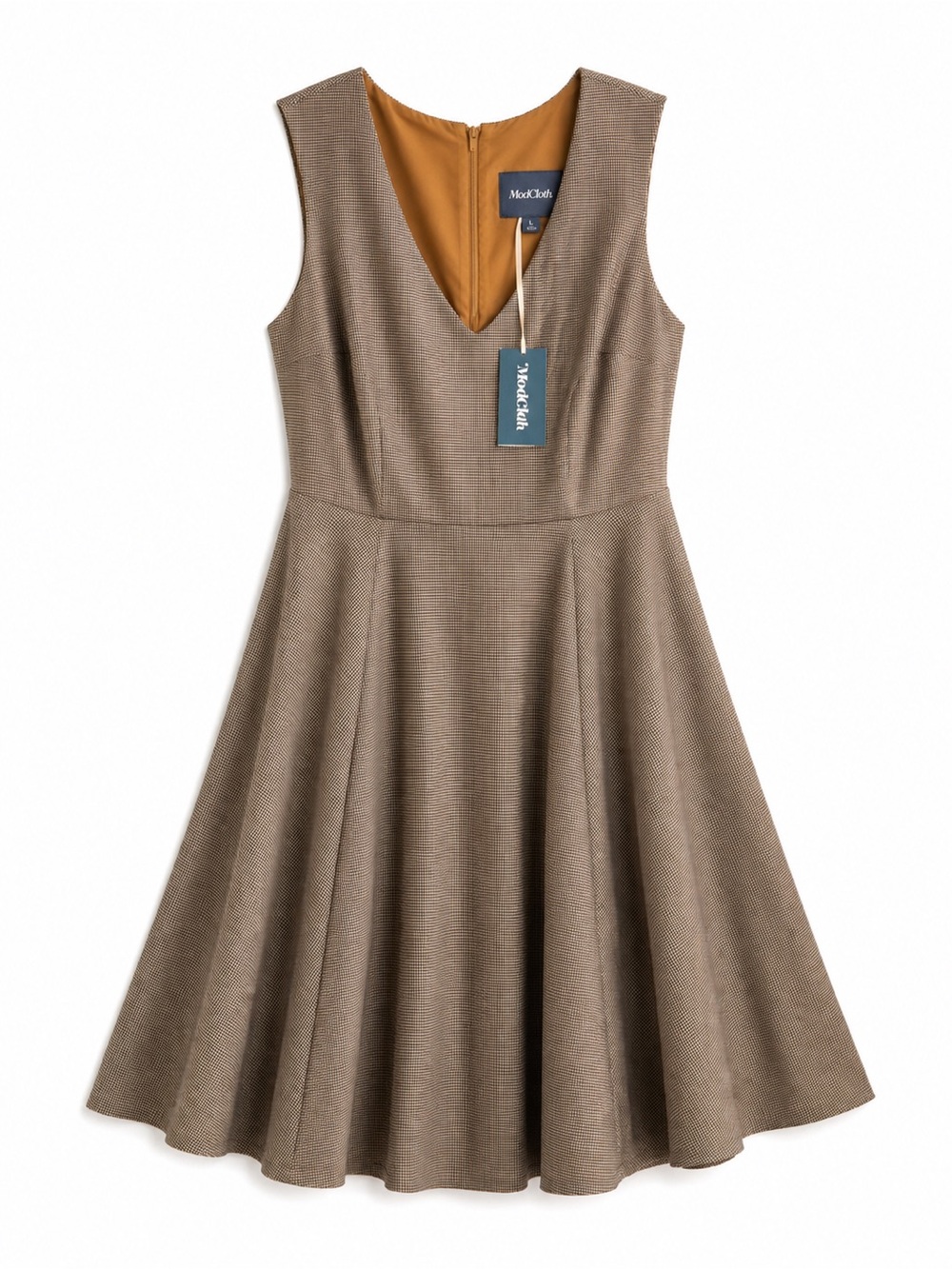 ModCloth Houndstooth Fit & Flare Dress NWT Brown Check Sleeveless Size 18